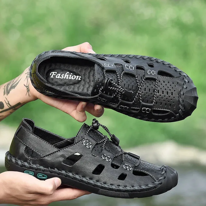 2023 Leather Sandals Men Breathable Summer Shoes Man Waterproof Outdoor Men Sandals Antiskid Beach Sandals Hollow Shoes Footwear
