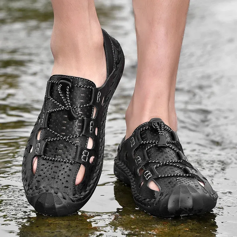 2023 Leather Sandals Men Breathable Summer Shoes Man Waterproof Outdoor Men Sandals Antiskid Beach Sandals Hollow Shoes Footwear