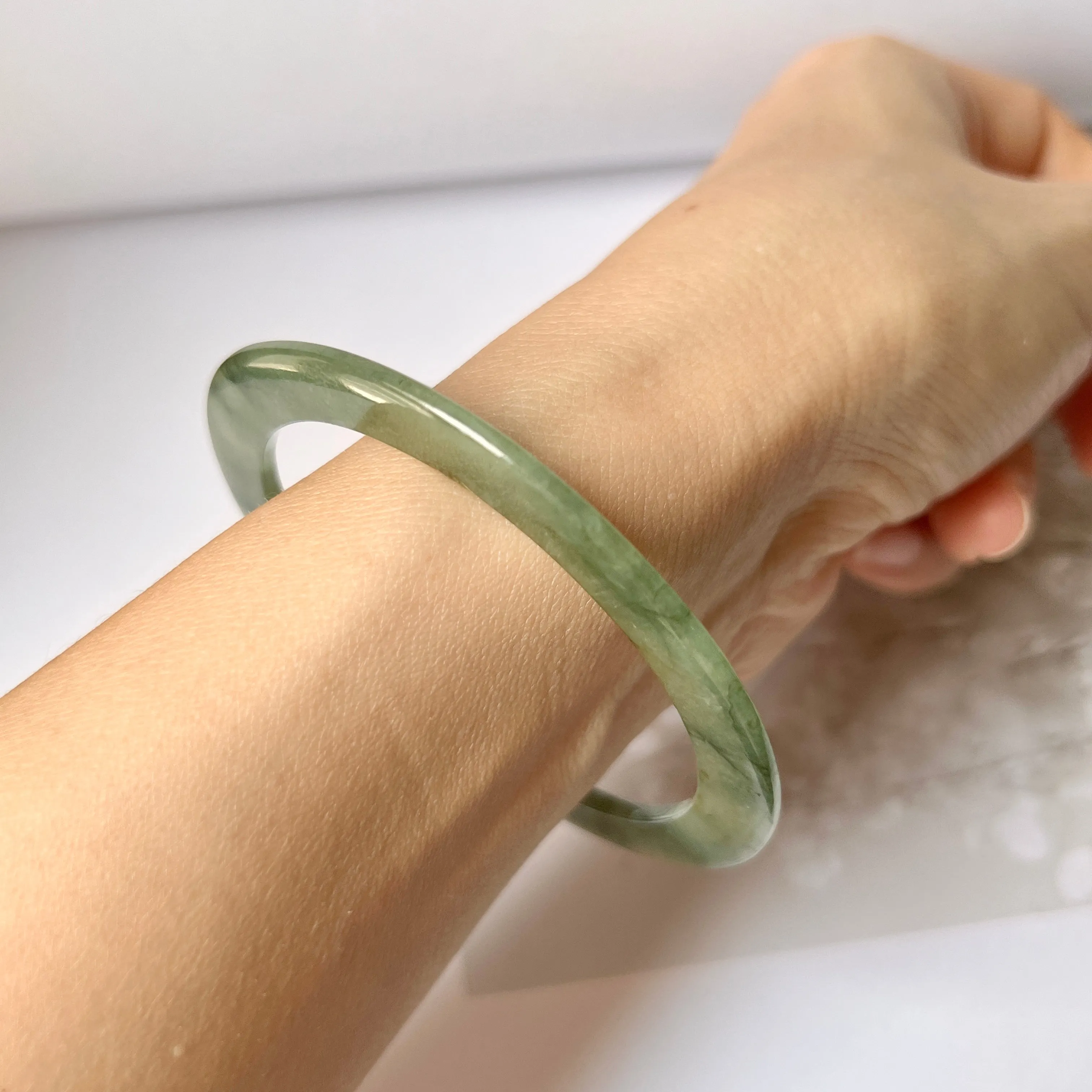 55.1mm A-Grade Natural Bluish Green Jadeite Modern Round Bangle No. 152015