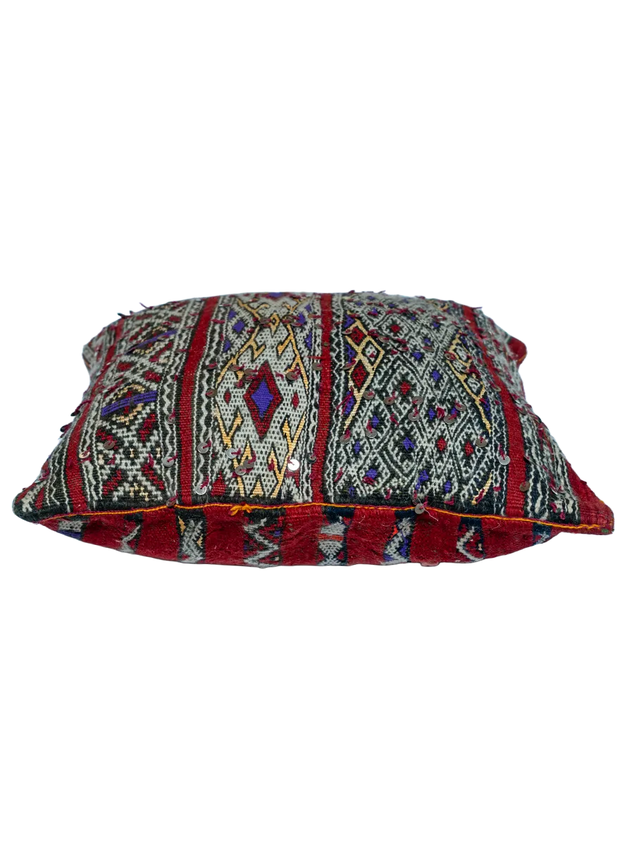 Ain Leuh Vintage Pillow - Deep Red and Indigo Handira