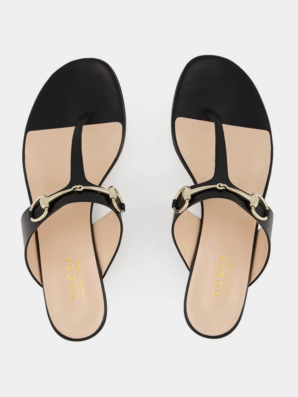 Black Leather Thong Sandal with Horsebit