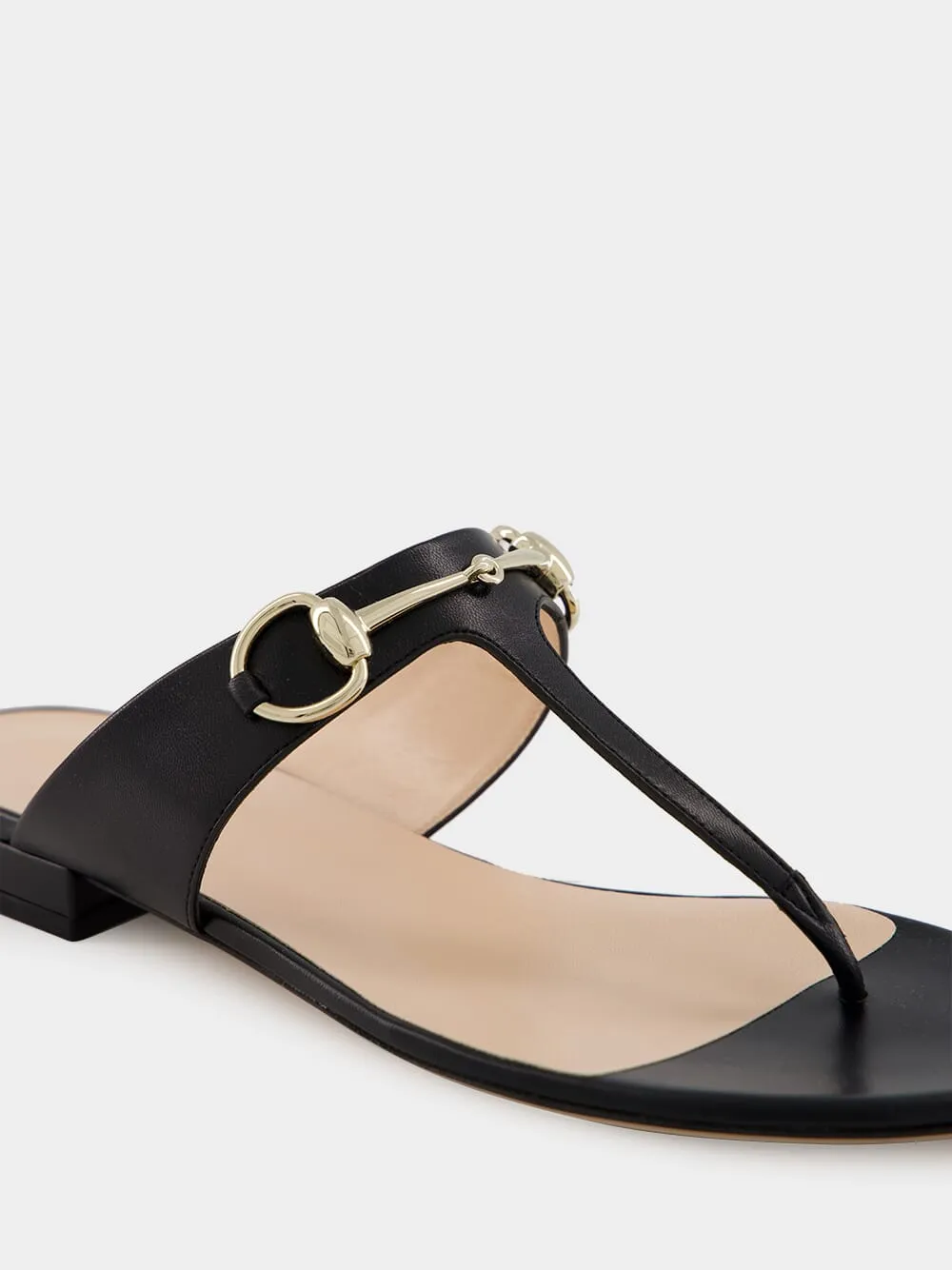 Black Leather Thong Sandal with Horsebit
