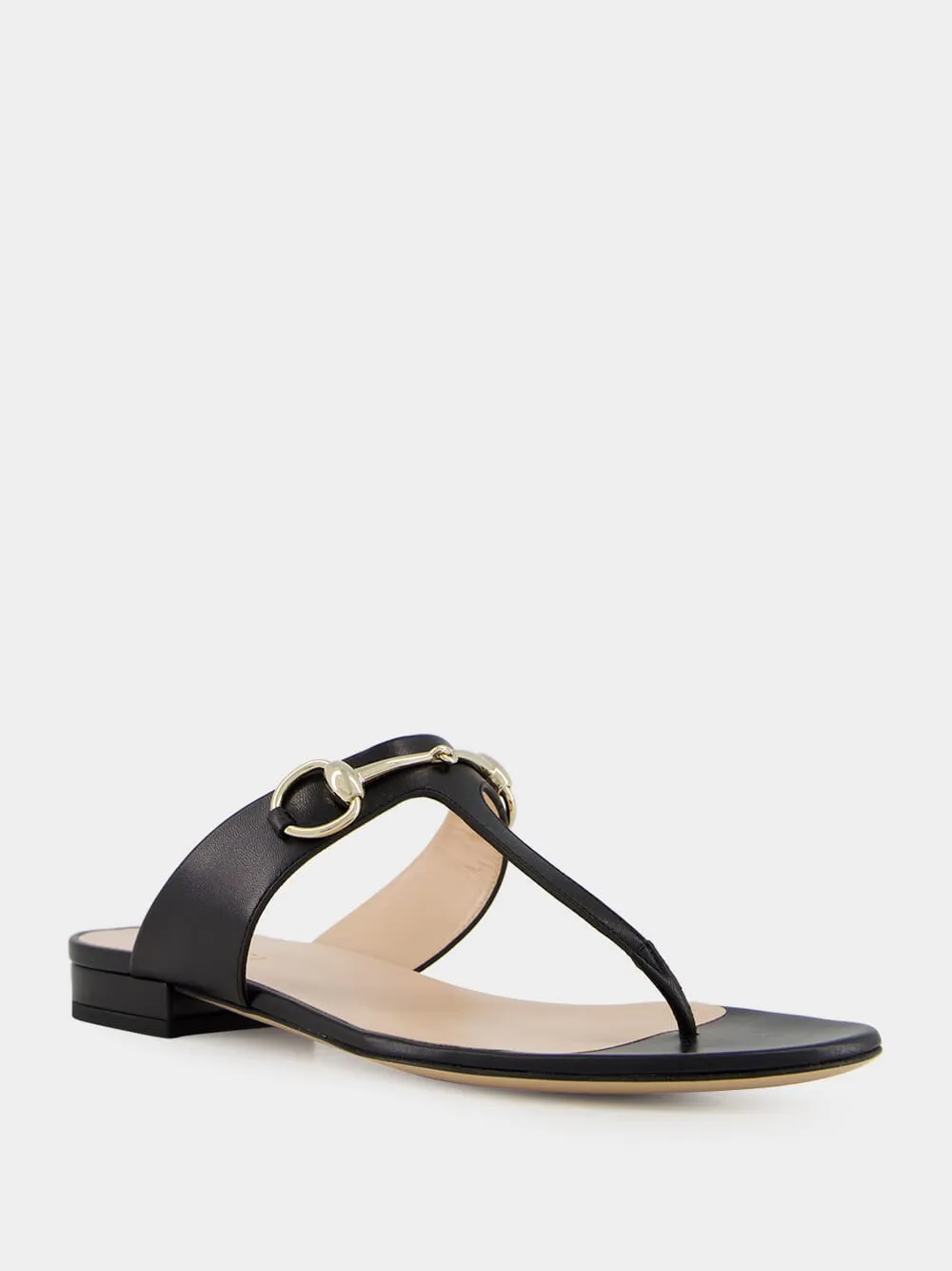 Black Leather Thong Sandal with Horsebit