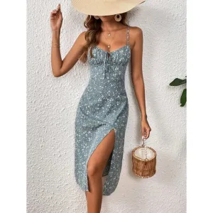 Boho floral cami midi dress fitted bust blue