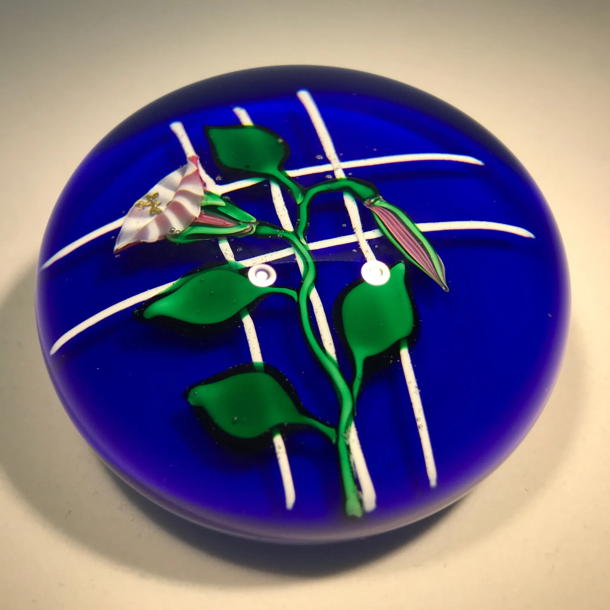 Charles Kaziun Jr. Art Glass Paperweight Lampwork Morning Glories on Trellis