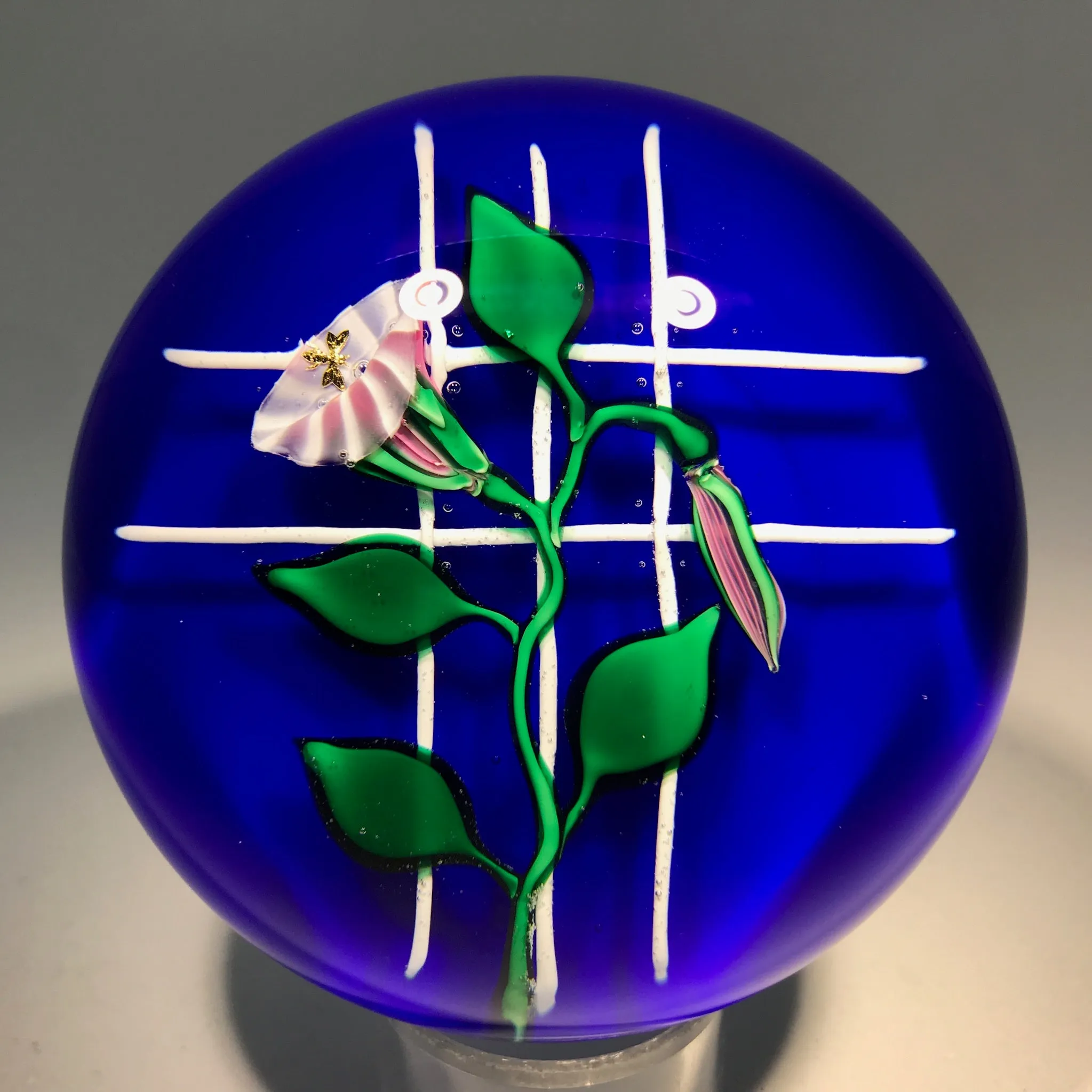 Charles Kaziun Jr. Art Glass Paperweight Lampwork Morning Glories on Trellis