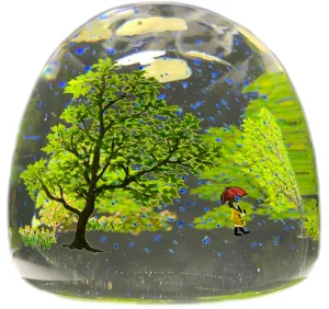 Contemporary Alison Ruzsa Art Glass Paperweight Encapsulated Hand Painted Girl in the Rain
