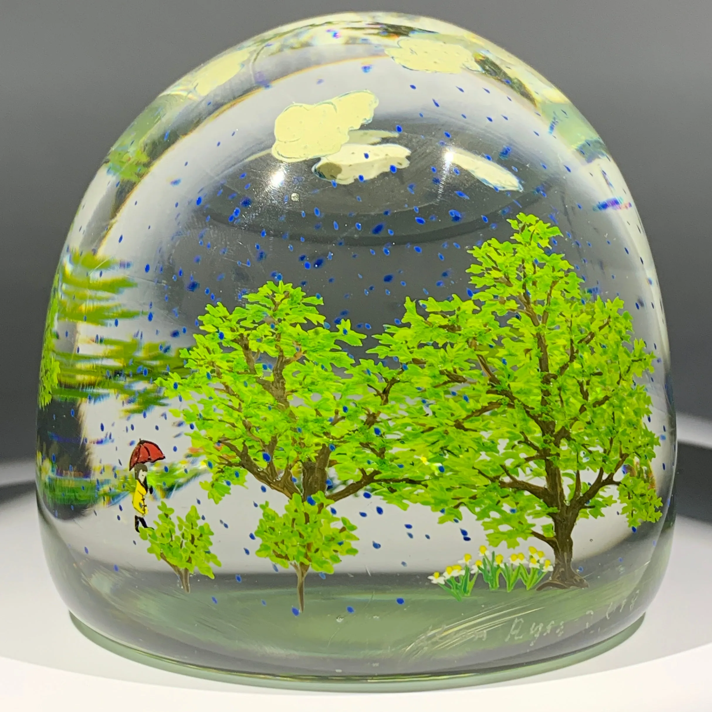 Contemporary Alison Ruzsa Art Glass Paperweight Encapsulated Hand Painted Girl in the Rain