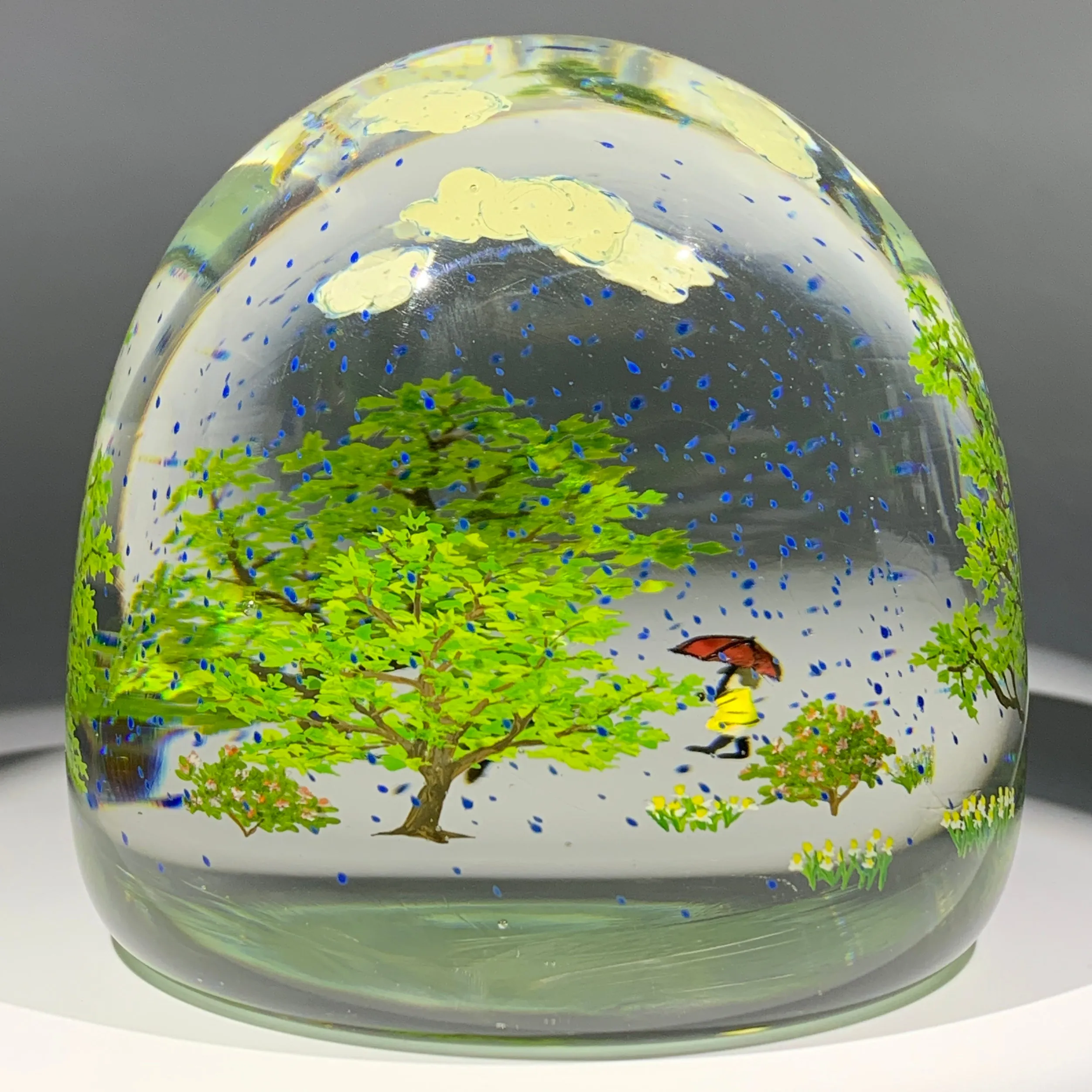 Contemporary Alison Ruzsa Art Glass Paperweight Encapsulated Hand Painted Girl in the Rain