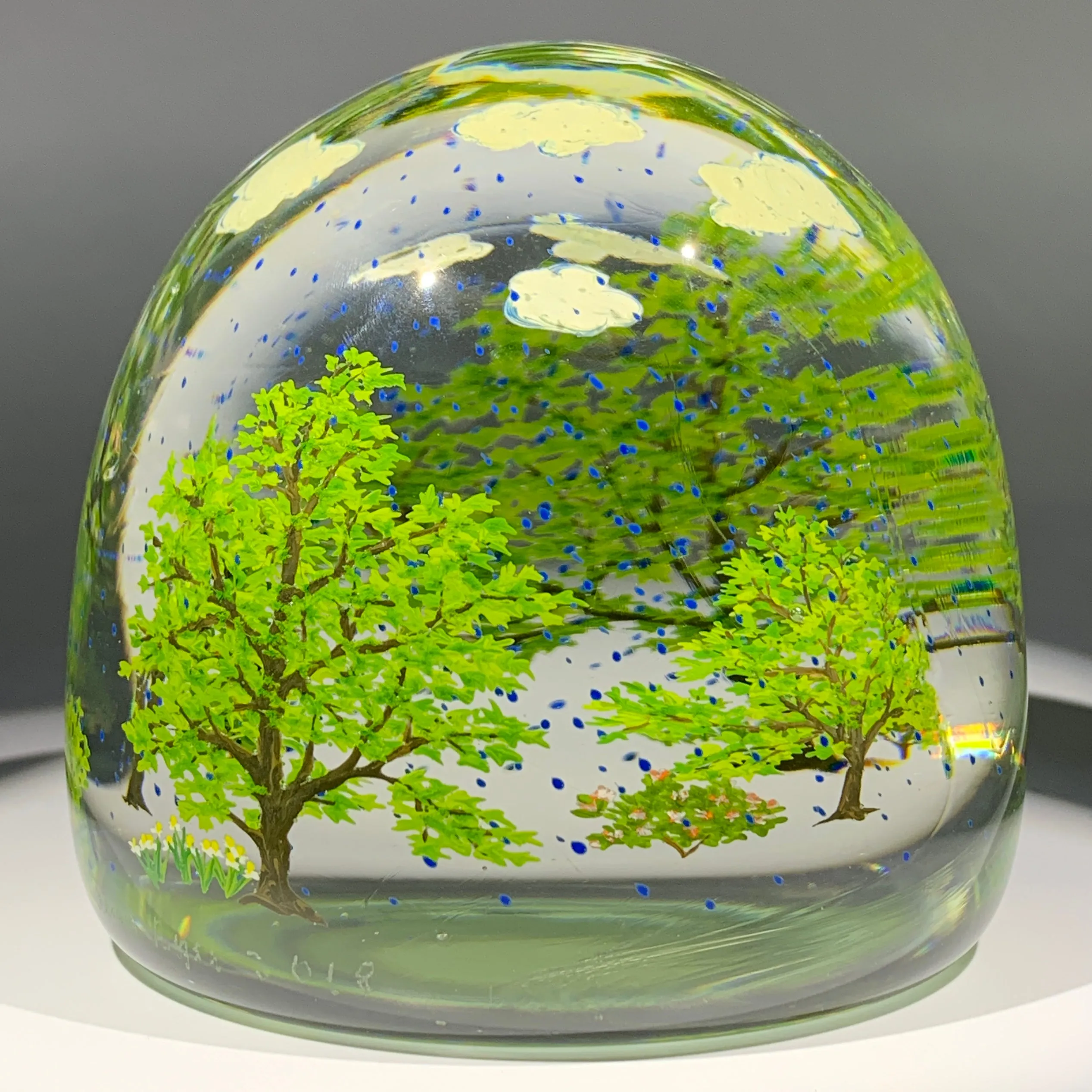 Contemporary Alison Ruzsa Art Glass Paperweight Encapsulated Hand Painted Girl in the Rain