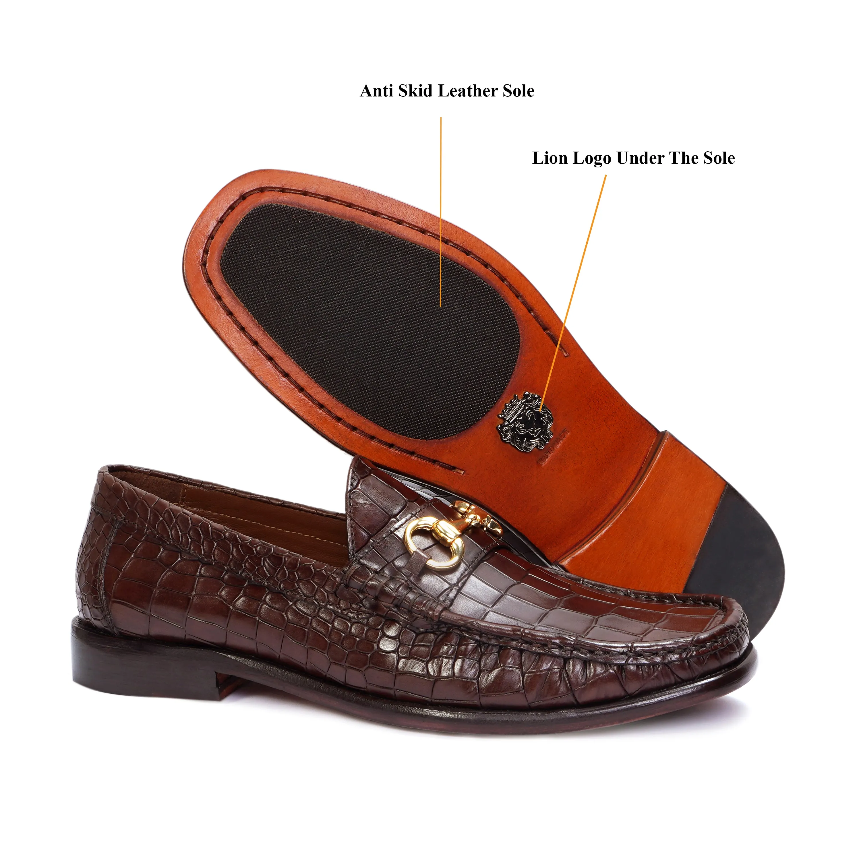 Dark Brown Leather Loafers in Croco Textured
