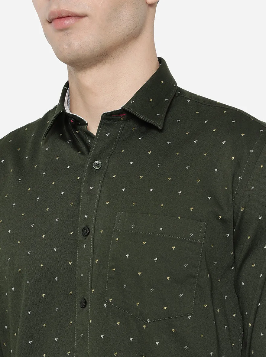 Dark Olive Printed Slim Fit Casual Shirt | JadeBlue