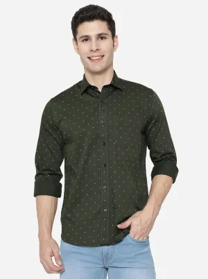 Dark Olive Printed Slim Fit Casual Shirt | JadeBlue