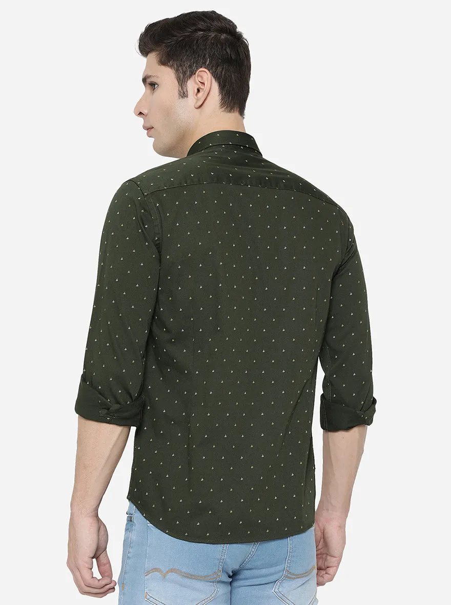 Dark Olive Printed Slim Fit Casual Shirt | JadeBlue