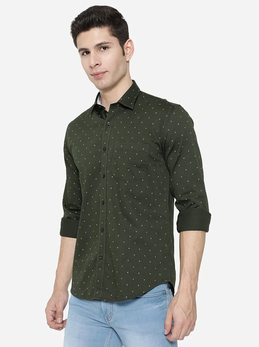 Dark Olive Printed Slim Fit Casual Shirt | JadeBlue
