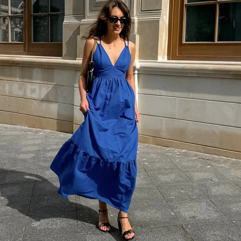 Effortless Vacation-Ready V-Neck Linen Maxi Dress with Low Back