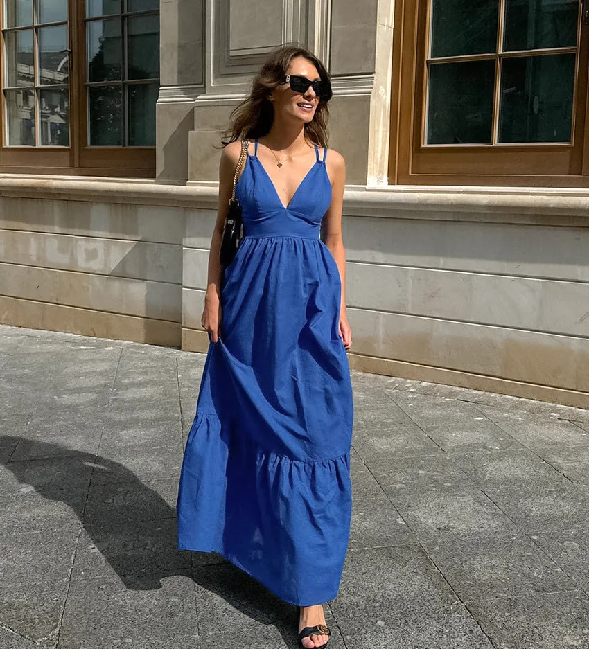 Effortless Vacation-Ready V-Neck Linen Maxi Dress with Low Back