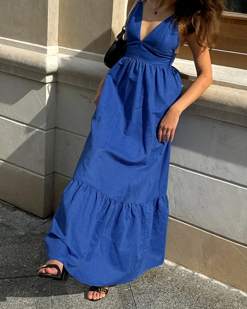 Effortless Vacation-Ready V-Neck Linen Maxi Dress with Low Back