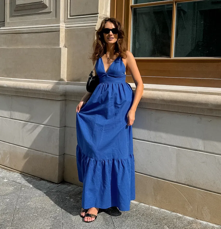 Effortless Vacation-Ready V-Neck Linen Maxi Dress with Low Back