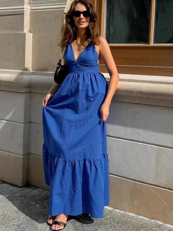 Effortless Vacation-Ready V-Neck Linen Maxi Dress with Low Back
