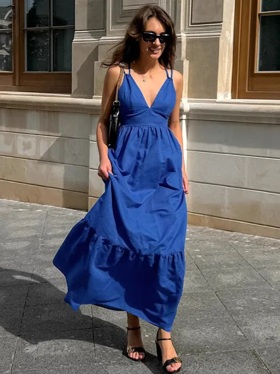 Effortless Vacation-Ready V-Neck Linen Maxi Dress with Low Back