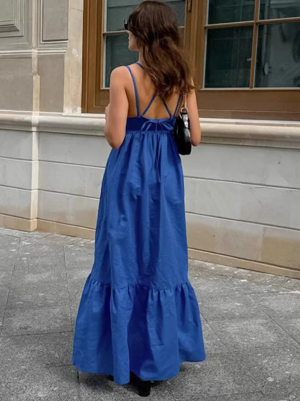 Effortless Vacation-Ready V-Neck Linen Maxi Dress with Low Back