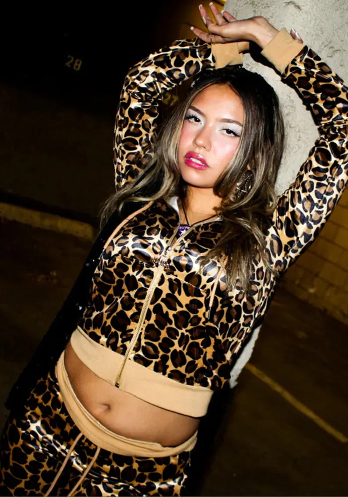 Fierce Glossy Leopard Print Cropped Hoodie and Jogger Two-Piece Set for Bold Streetwear Style