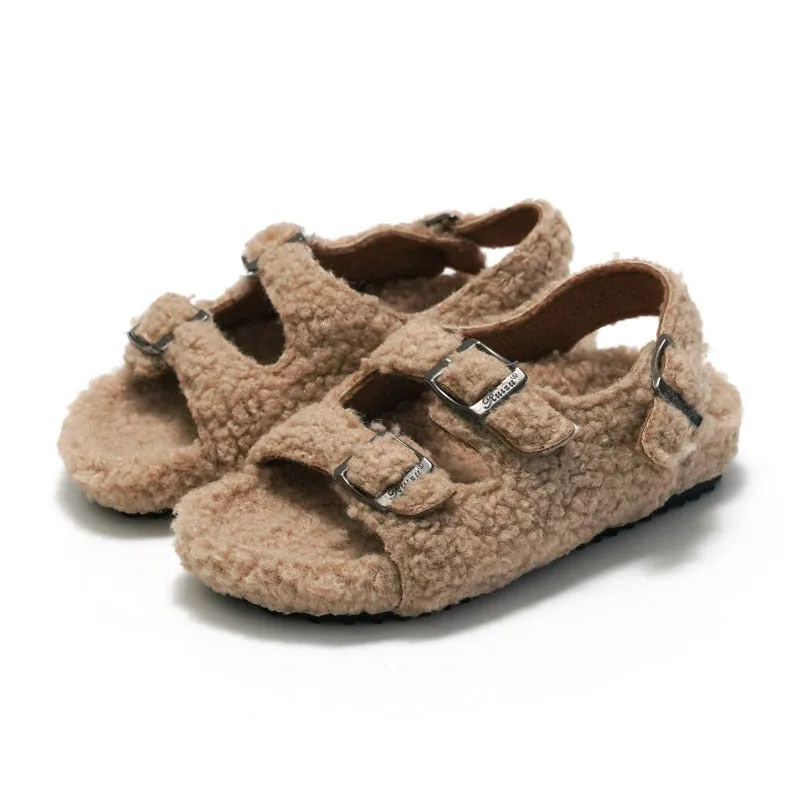 Fleece-lined Children & women Cork Sandals Woolen Slipper