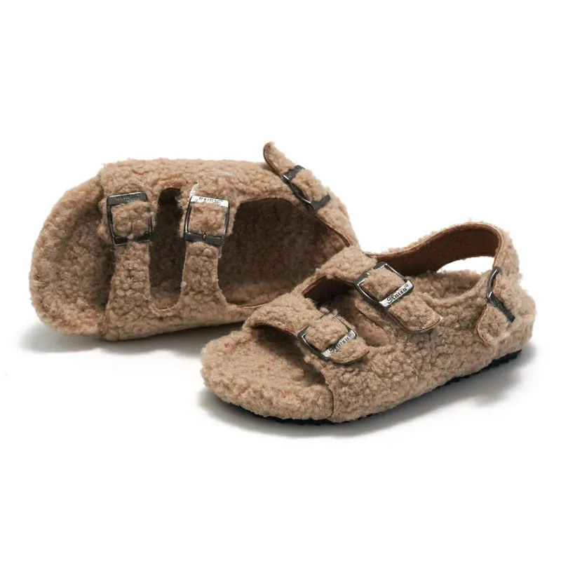 Fleece-lined Children & women Cork Sandals Woolen Slipper