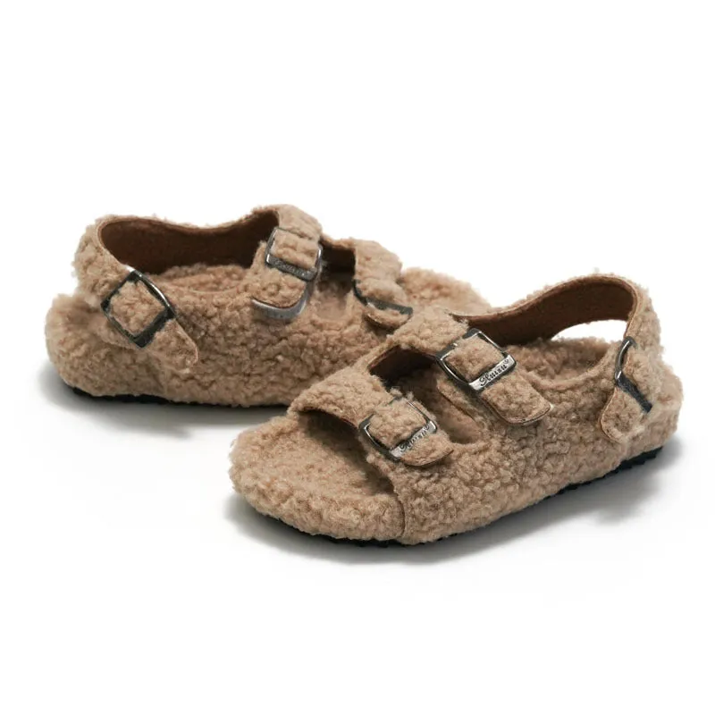 Fleece-lined Children & women Cork Sandals Woolen Slipper