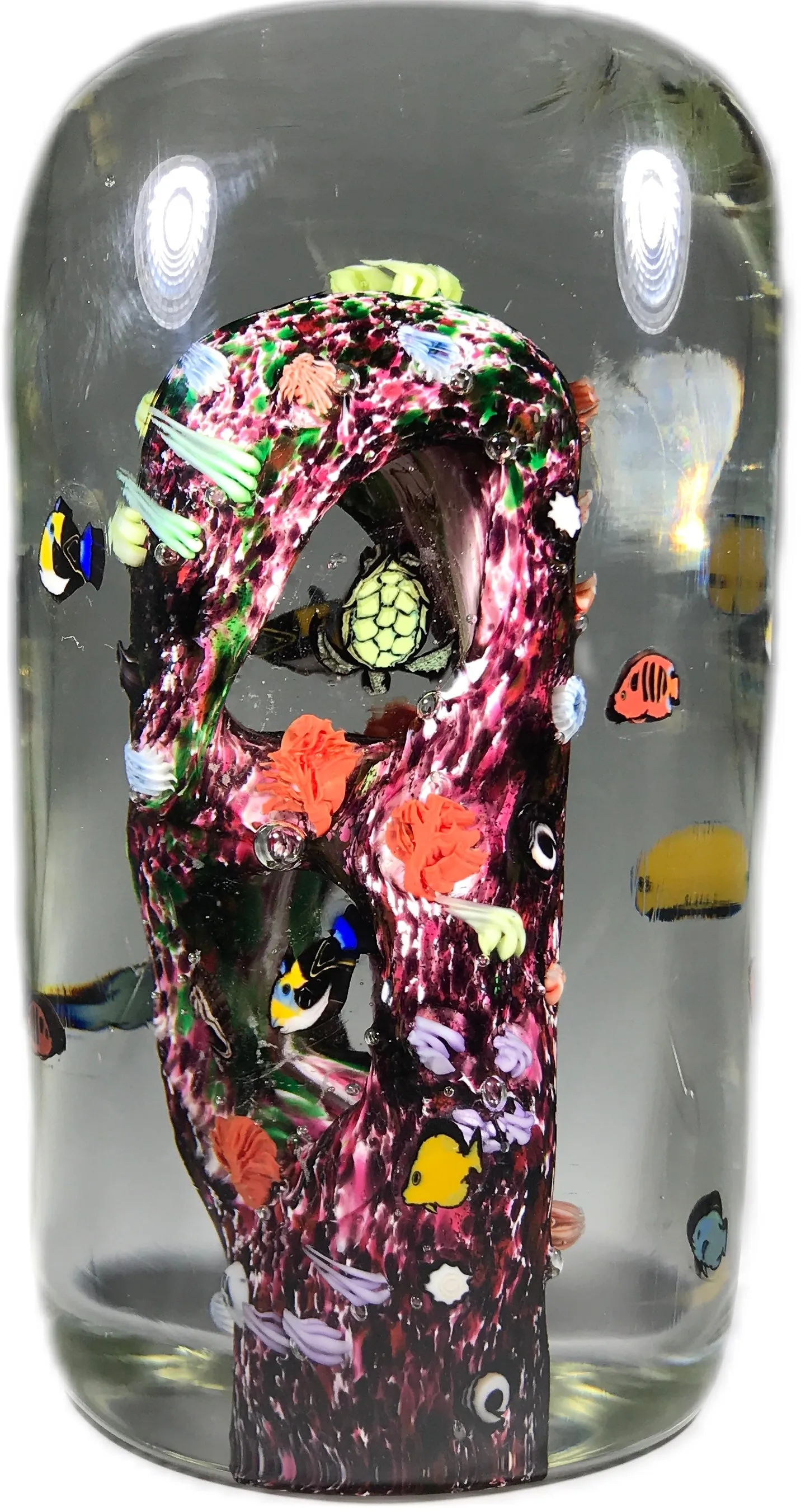 Jesse Taj 2005 Art Glass Paperweight Sculpture Large Coral Reef with  Murrine Fish & Turtle
