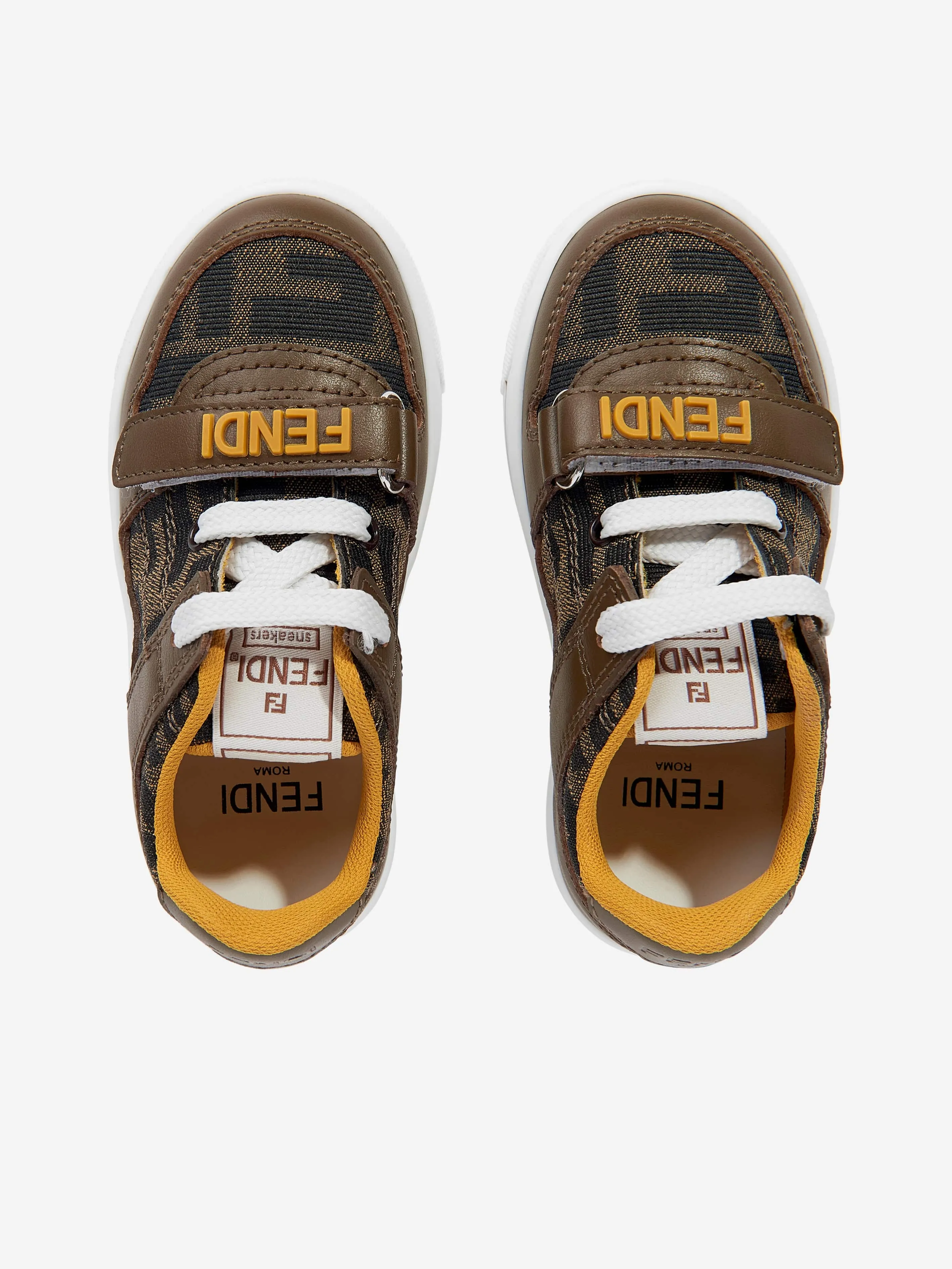 Kids Leather Jacquard Logo Trainers in Brown