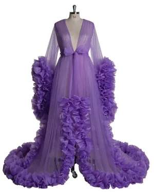 Long Sleeve Women V Neck Ruffled  Luxury Robe