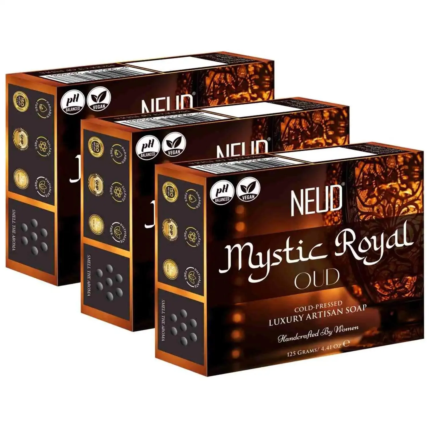 NEUD Mystic Royal Oud Luxury Artisan pH Balanced Cold-Pressed Handmade Soap 125g With Oudh and Gul Banafsha