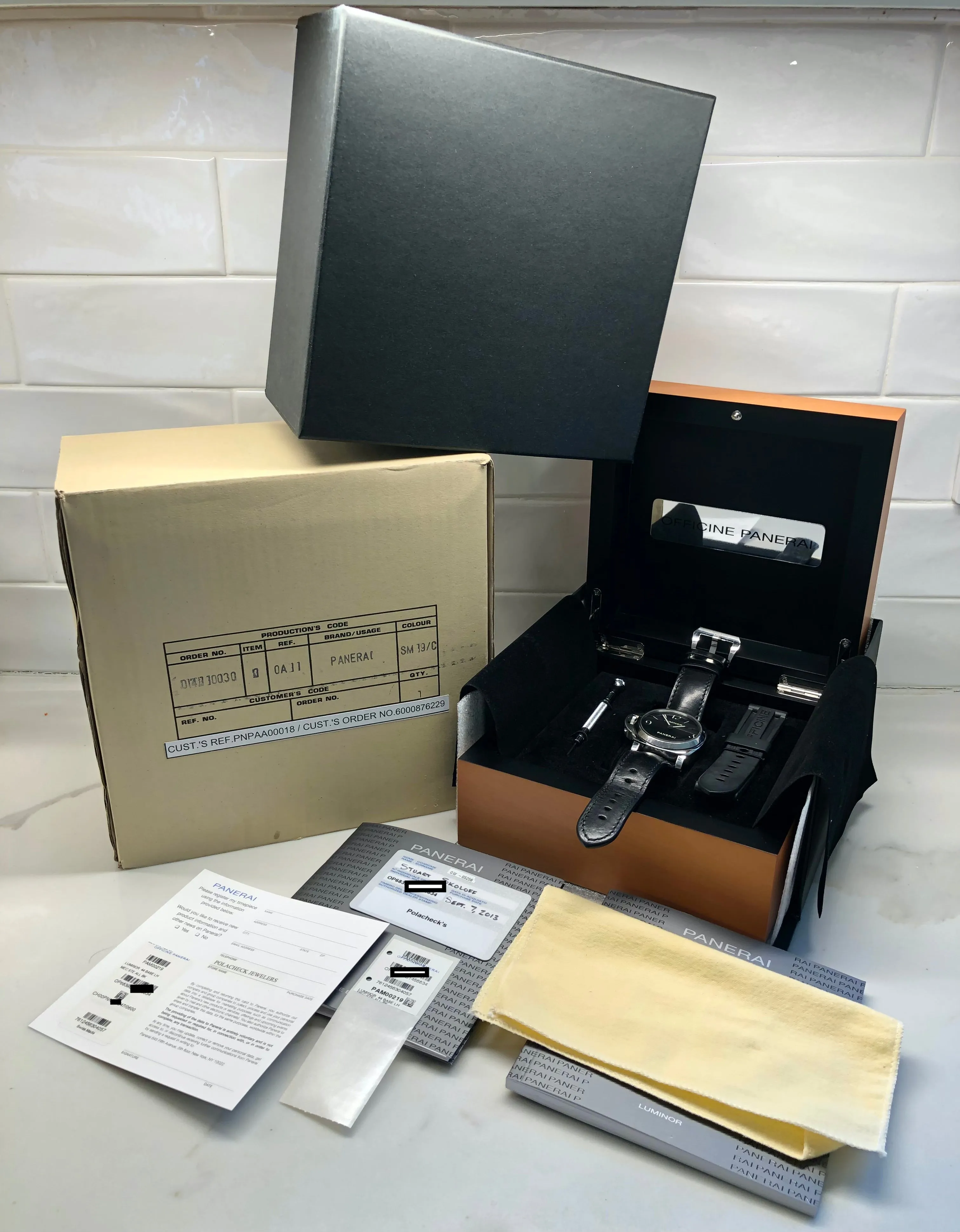 Panerai Luminor PAM 219 Base 44mm Steel Left Hand Sandwich Dial Manual Wind Wristwatch with Box and Papers