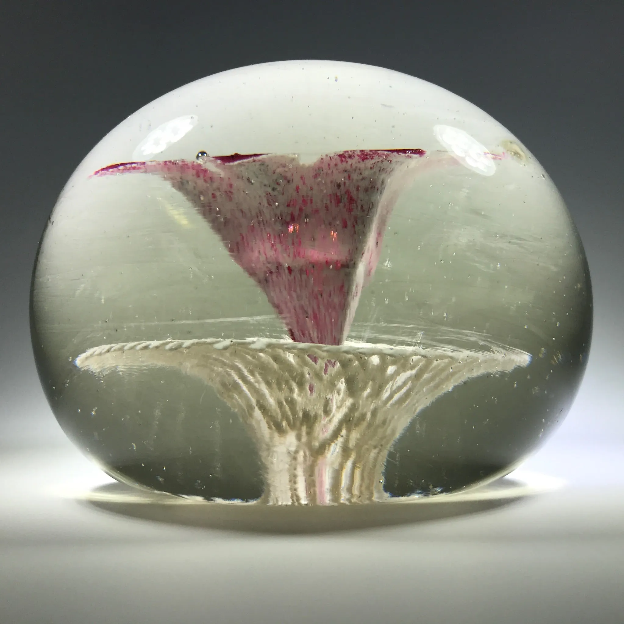 Rare Ed Rithner Art Glass Paperweight Maroon Flower on Frit Doily