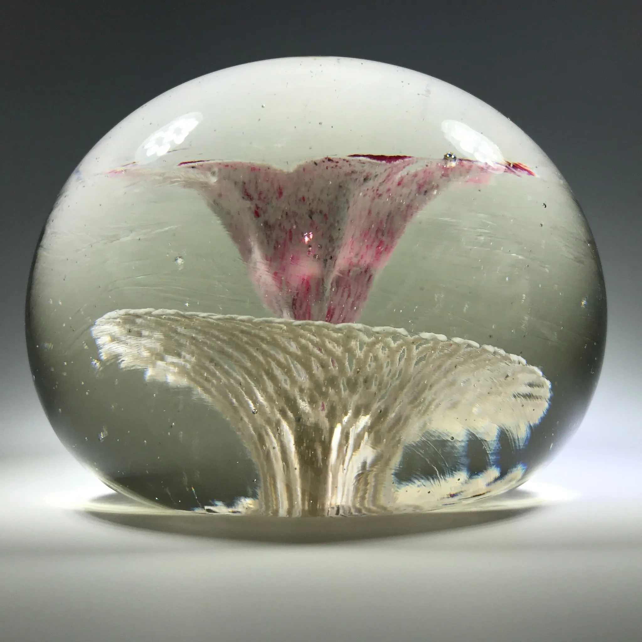 Rare Ed Rithner Art Glass Paperweight Maroon Flower on Frit Doily