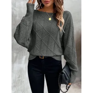 Ribbed knit crosshatch crewneck sweater batwing dark gray