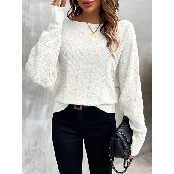 Ribbed knit crosshatch crewneck sweater batwing dark gray