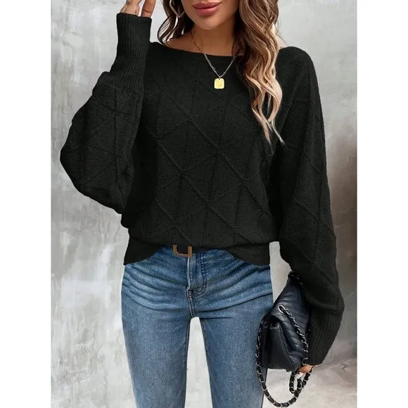 Ribbed knit crosshatch crewneck sweater batwing dark gray