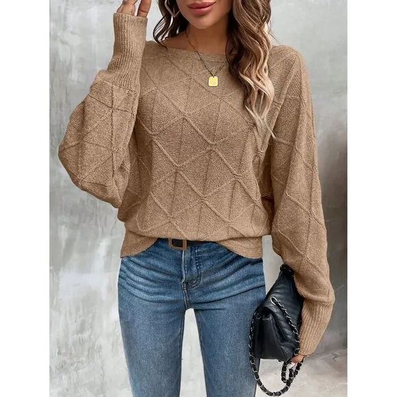 Ribbed knit crosshatch crewneck sweater batwing dark gray