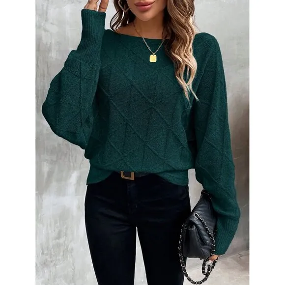 Ribbed knit crosshatch crewneck sweater batwing dark gray
