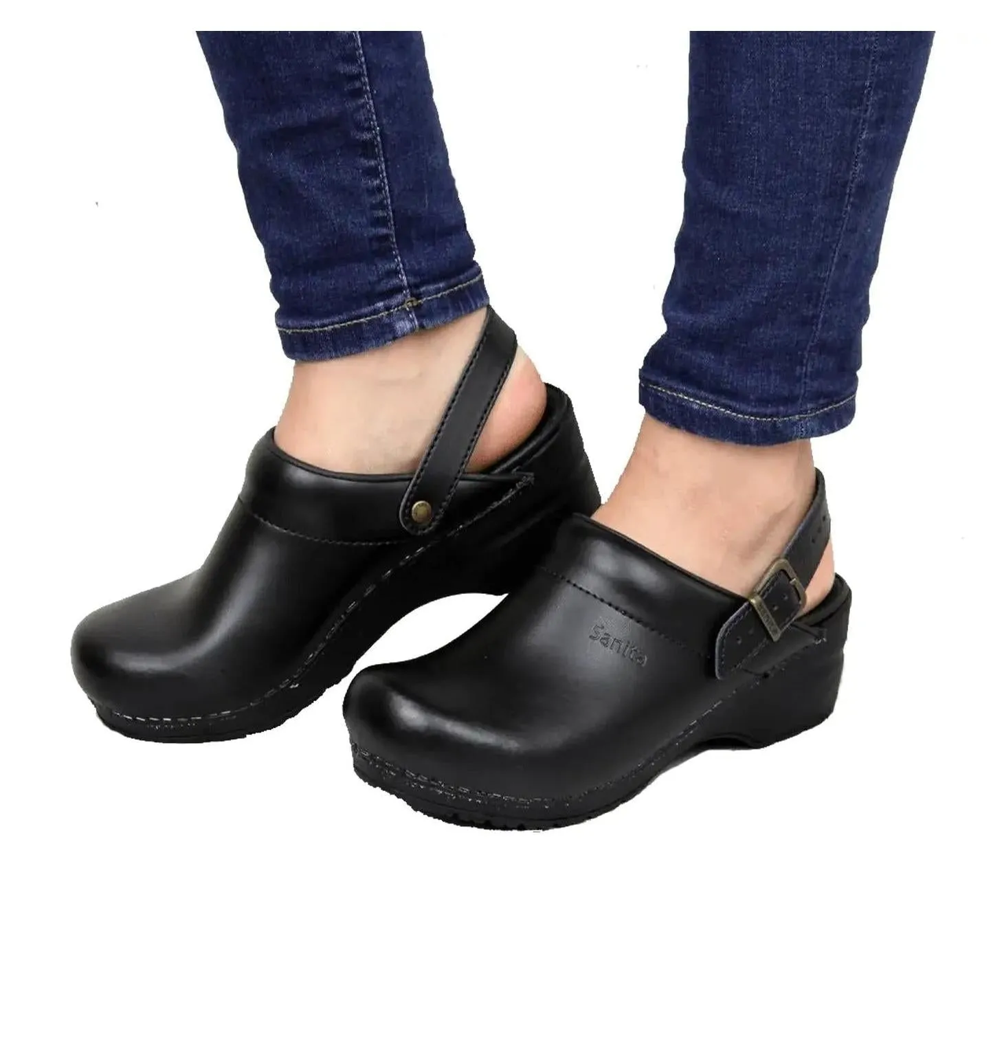 Sanita Women's Black Leather Chef Clog