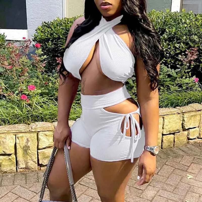 Solid Halter Tube Top & Cut Out Shorts Set