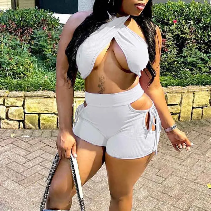 Solid Halter Tube Top & Cut Out Shorts Set