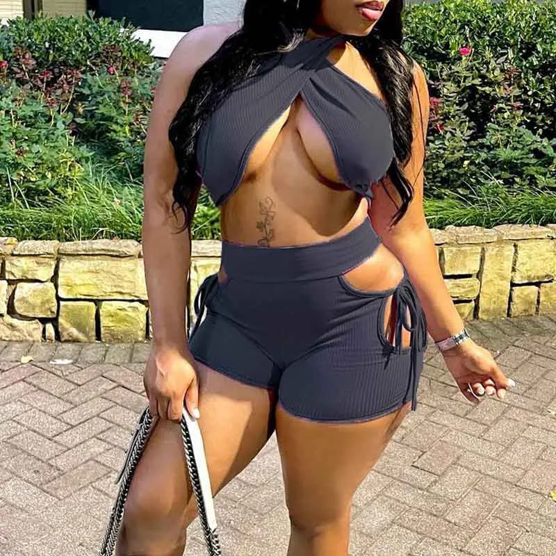 Solid Halter Tube Top & Cut Out Shorts Set