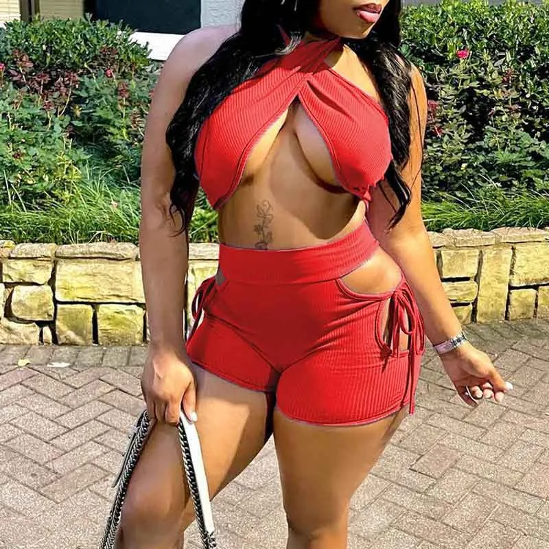 Solid Halter Tube Top & Cut Out Shorts Set
