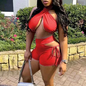 Solid Halter Tube Top & Cut Out Shorts Set