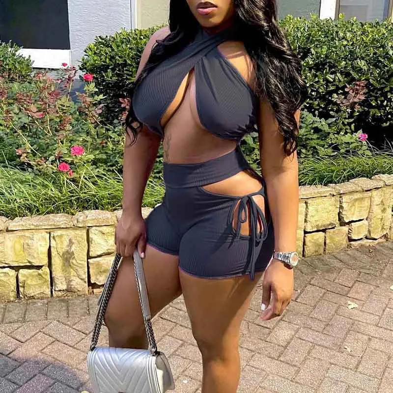 Solid Halter Tube Top & Cut Out Shorts Set
