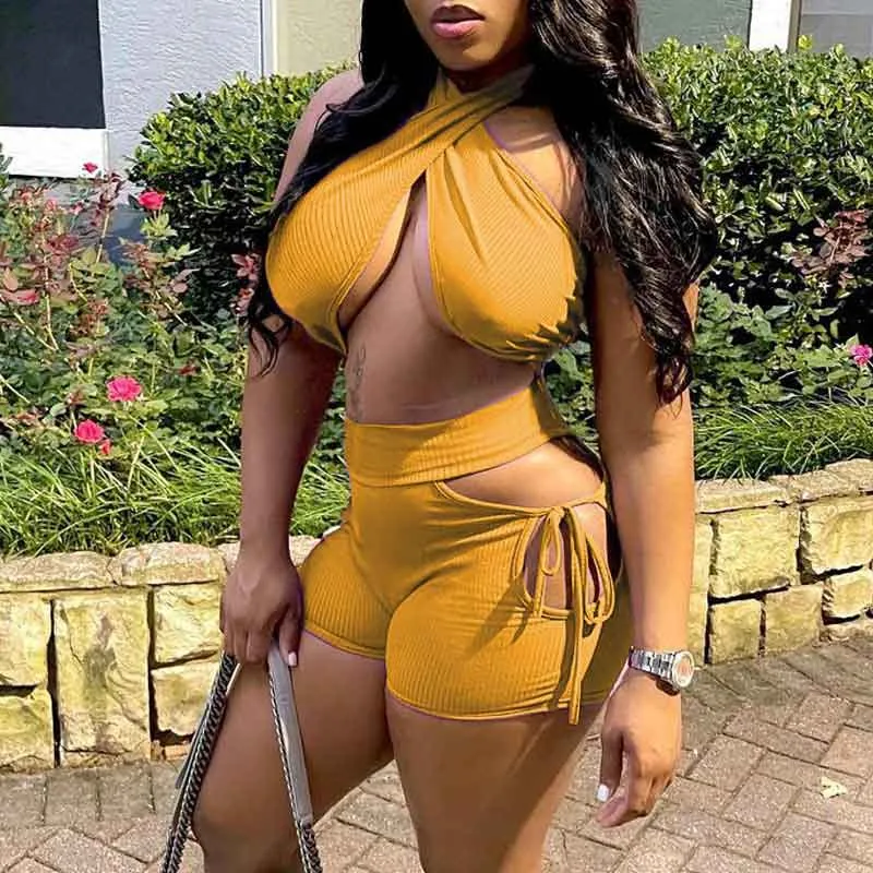 Solid Halter Tube Top & Cut Out Shorts Set